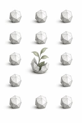 A perfectly arranged set of identical geometric objects, with one object beginning to change shape and move beyond the established pattern.